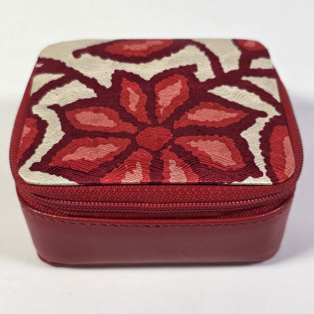 Small Travel Jewelry Box Red Floral Zippered Organizer Ring Earring Storage Case